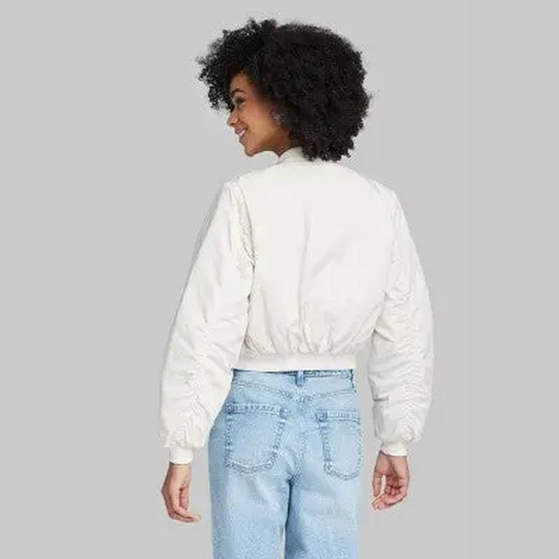 New - Wild Fable Women'S Zip-Up Cropped Winter Bomber Jacket Utility Pockets