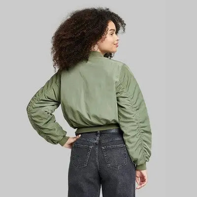 New - Wild Fable Women'S Zip-Up Cropped Winter Bomber Jacket Utility Pockets